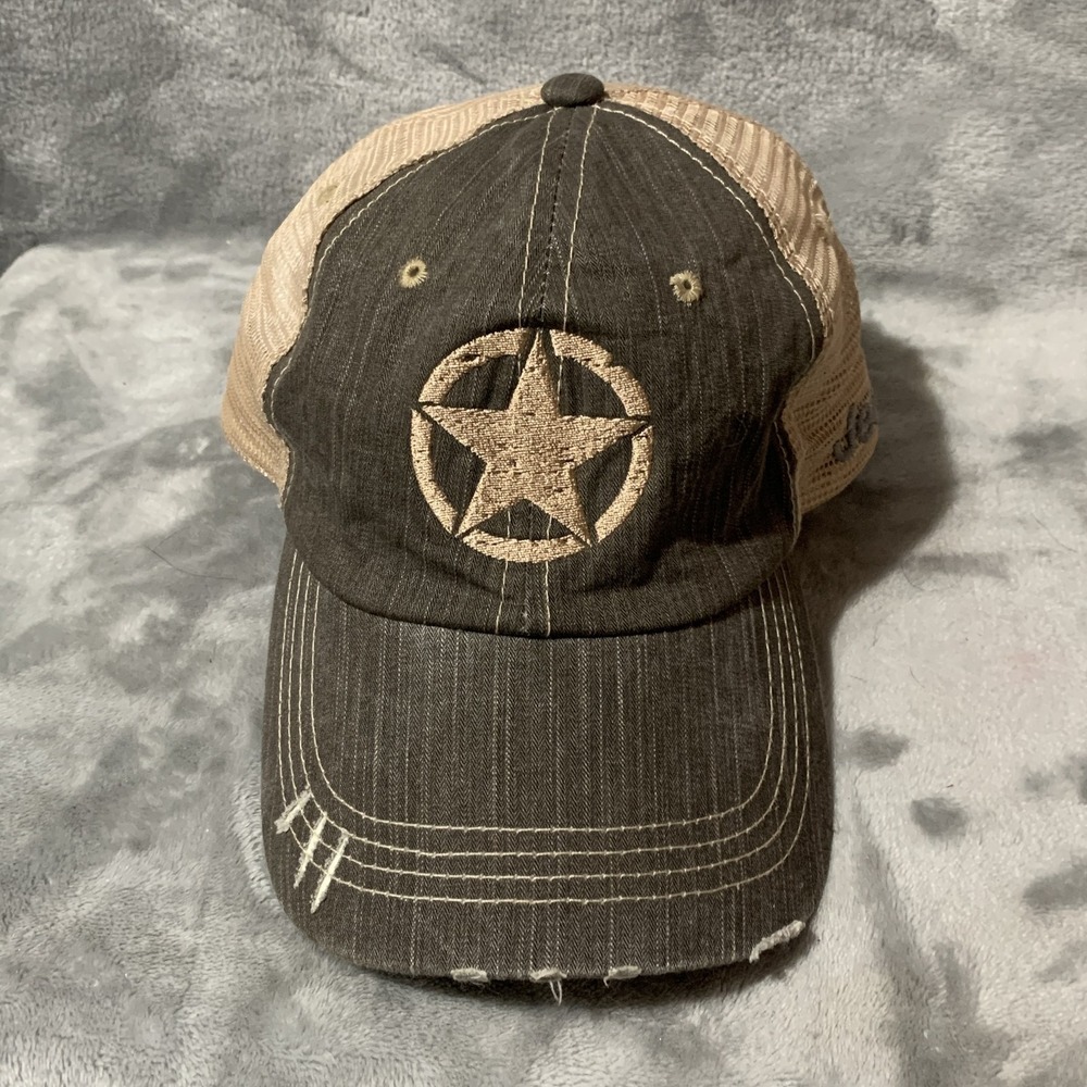 Jeep Distressed Star Trucker Hat Cap Gray Tan Mesh Adjustable Outdoor Military